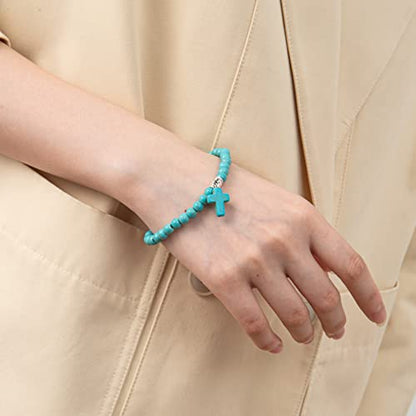 Softones 6mm Bead Cross Pendant Bracelet for Women Healing Stone Stretch Prayer Bracelet for Women,with Gift Box - color: Turquoise