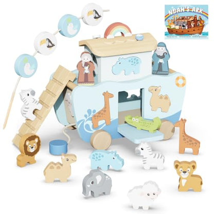 Hoarosall 27PCS Wooden Noah's Ark Montessori Toys for 1 Year Old Baby Boys Girls Christian Toys for Toddlers 1-3 Ideal Baptism Christmas & 1st Birthday Gifts - color: Blue