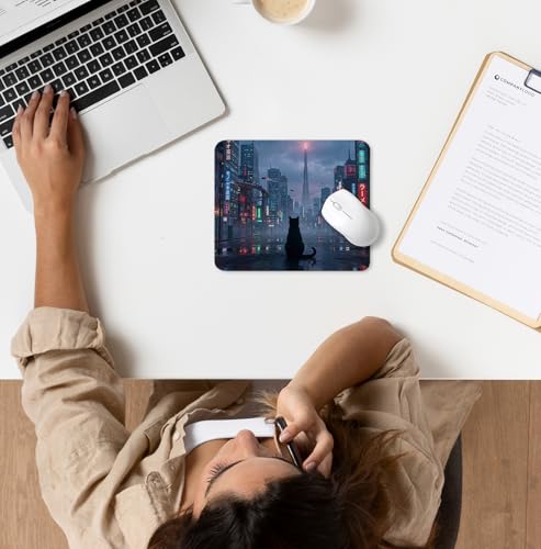 Night City Black Cat Mouse Pad for Desk, Black Cat Lover Mom Gifts Mousepads with Anti-Slip Rubber Base for Computer Laptop Home Office Desk Accessories, 9.5x7.9 Inch - color: Square mouse pad-Black Cat