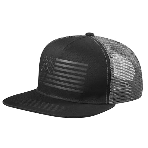 UALON Baseball Cap, Snapback Trucker Hat for Men & Women with American Flag and Adjustable, Breathable Mesh, Flat Bill Hats - color: Black/Dark Gray