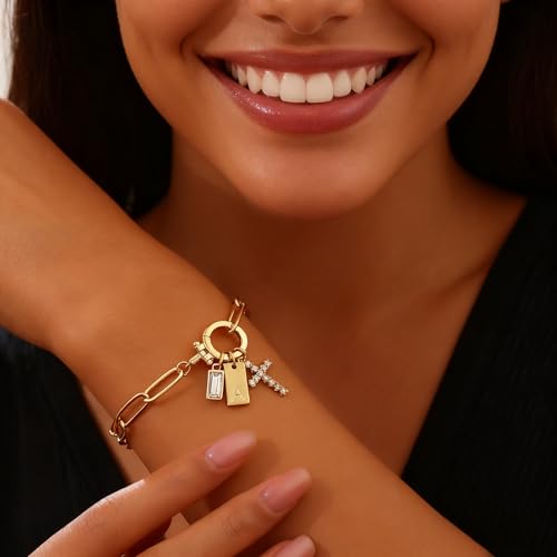 Initial Cross Charm Bracelet, 18K Gold Plated Dainty Paperclip Link Chain Bracelets for Women, Non Tarnish, A-Z Letter Bracelet Personalized Gifts Gold Jewelry for Women - color: Letter-C