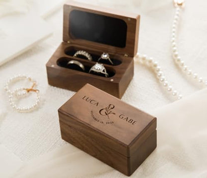 Custom Name & Date Ring Box - Personalized Botanical Walnut Wood Holder - color: Custom &