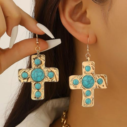 Chunky Gold Silver Cross Drop Dangle Earrings for Women Statement Western - color: Gold-Turquoise