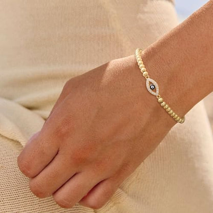 Gold Bracelets for Women 14K Gold Plated Bead Bracelet Hypoallergenic Stretch Bracelets for Women Elastic Bracelet Trendy Teen Gift Dainty Jewelry for Women - style: Evil Eye