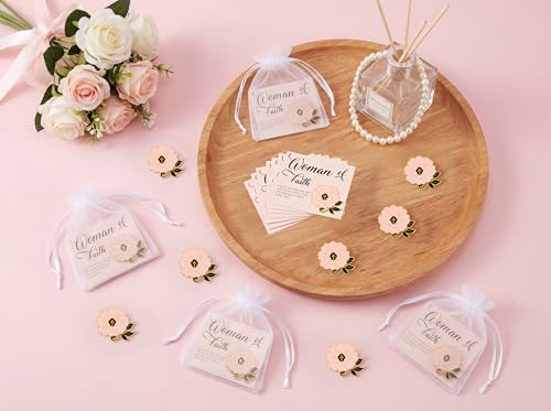 32 Pcs Christian Woman of Faith Pins Gifts - Religious Cross Flower Brooch with Cards Bulk for Church Mothers Day