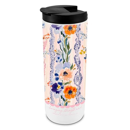 Stainless Steel Insulated Travel Mug – Double-Wall Vacuum Tumbler with Leak-Proof Lid & Silicone Base – Jeremiah 30:17 & Isaiah 41:10 "Bringing Strength" Faith Design – Orange Poppy & Navy Floral - style: Bringing Faith