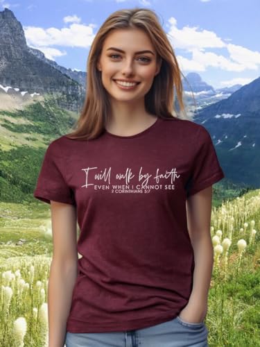 Women Bible Verse Print Christian T Shirt - color: Wine Red1, size: Medium