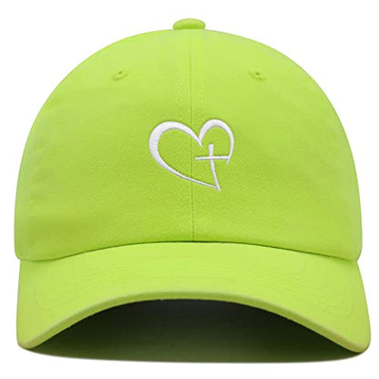 JPAK Heart and Cross Premium Dad Hat Embroidered Cotton Baseball Cap Christian Faith - color: Neon Yellow