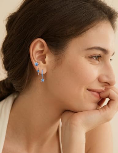 Angelady Gold Hoop Earrings Set for Women, Dainty 14K Gold Plated Flower Moon Cross Dangle Earrings, Hypoallergenic Huggie Hoop Earring Stacks, Stud Earrings for Women Trendy Jewelry Gift - color: Silver Blue CZ