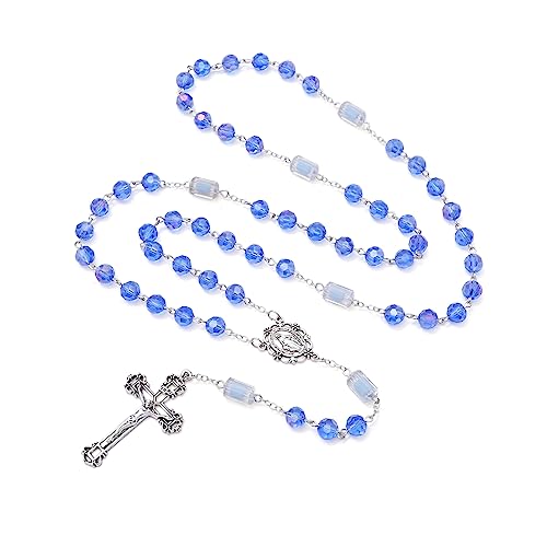 KOMI Rosary Beads Catholic for Women Gemstone Rosary Beads Necklace with Crucifix Cross Crystal Pearl Rosary Rosarios Catolicos Catholic Gifts - style: 8mm Blue Crystal
