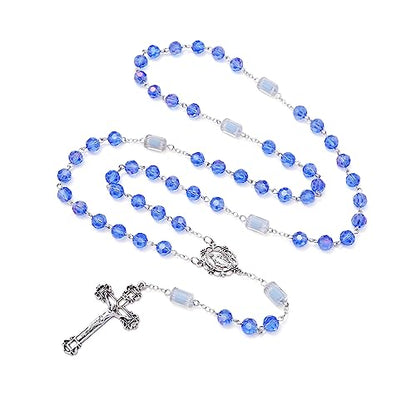 KOMI Rosary Beads Catholic for Women Gemstone Rosary Beads Necklace with Crucifix Cross Crystal Pearl Rosary Rosarios Catolicos Catholic Gifts - style: 8mm Blue Crystal