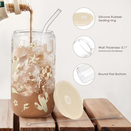 SANDJEST Western Cowgirl 16oz Can Glass Tumbler with Acrylic Lid & Straw, Iced Coffee Cup for Women, Aesthetic Cups Gifts for Birthday Christmas - color: Cowgirl 1
