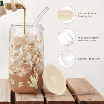 SANDJEST Western Cowgirl 16oz Can Glass Tumbler with Acrylic Lid & Straw, Iced Coffee Cup for Women, Aesthetic Cups Gifts for Birthday Christmas - color: Cowgirl 1