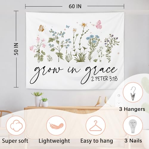 AQYIP Floral Christian Tapestry Wall Hanging, Grow in Grace Butterfly Wildflowers Floral Tapestry Decorative, Bible Verse Wall Blanket Decor for Home Living Room Bedroom, 50x60 Inch - color: 1 - grow in grace