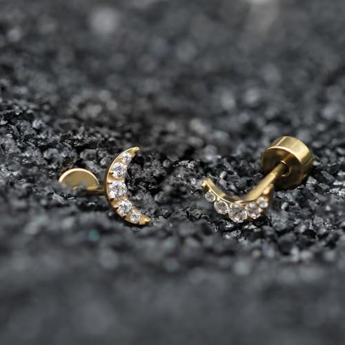 XUU 20G Flat Back Stud Earrings ASTM F136 Titanium & Sparkling CZ - color: gold moon