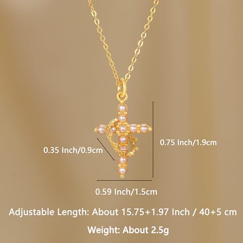 925 Sterling Silver Cross With Crown Necklace for Women 16+2 Inch - color: Gold + Pearl