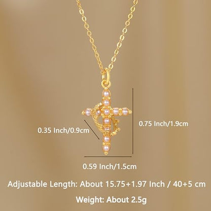 925 Sterling Silver Cross With Crown Necklace for Women 16+2 Inch - color: Gold + Pearl