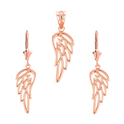 Religious Jewelry Solid 14k Rose Gold Guardian Angel Filigree Wing Pendant and Earring Set