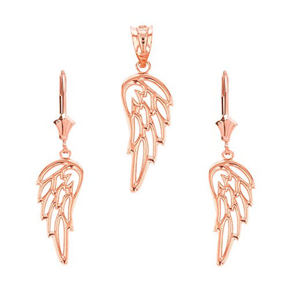 Religious Jewelry Solid 14k Rose Gold Guardian Angel Filigree Wing Pendant and Earring Set