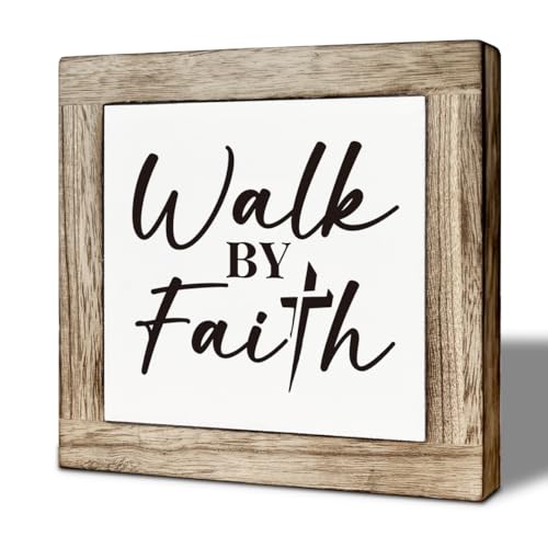 Christian Motivational Wooden Desk Decor Wooden Box Sign, Walk by Faith, Farmhouse Bible Verse Tabletop Sign, Inspirational Religious Faith Decor for Home Office 5.9x5.9 Inches - color: color17