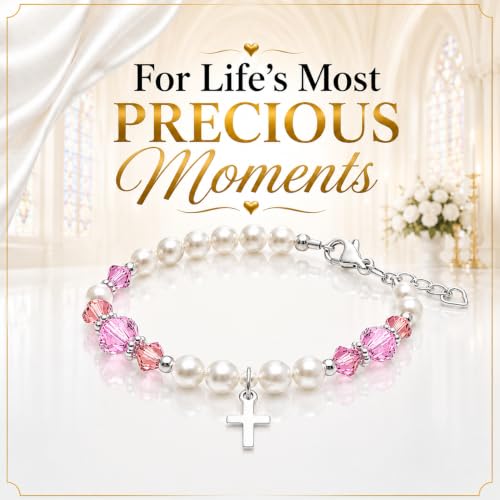 Baptism Bracelets | Cross Charm | Baby Pink Crystal & White Pearl Bracelet - style: 2-6 Years - 5.25" Adjustable