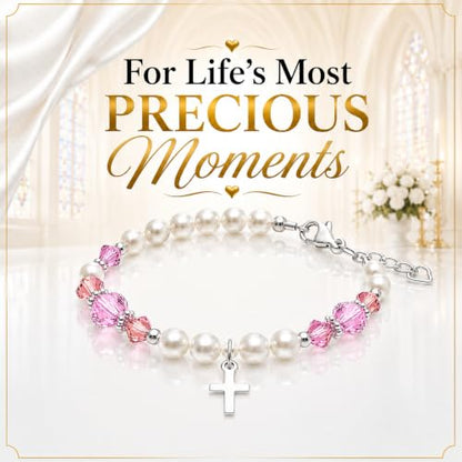 Baptism Bracelets | Cross Charm | Baby Pink Crystal & White Pearl Bracelet - style: 0 - 24 Months - 4.5" Adjustable