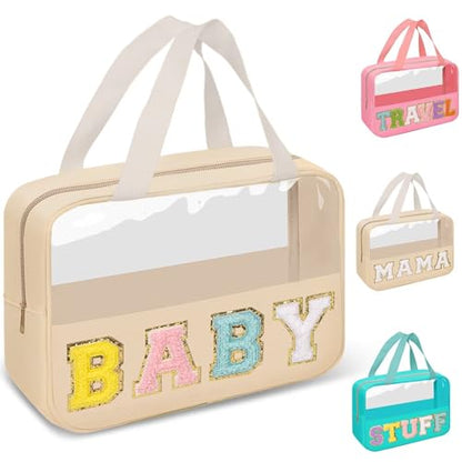 Preppy Clear Baby Makeup Bags with Chenille Letter Patches, Travel Essentials Large Clear Make up Bag Zipper Pouch with Handle, Waterproof Nylon Cosmetic Toiletry Storage Tote for Women (BABY-Beige) - color: BABY-Beige