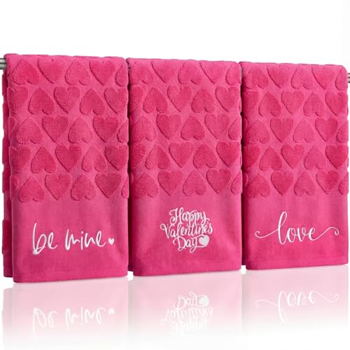 SmoothNovelty 3 Pcs 3D Valentine Day Hand Towels for Bathroom 100% Cotton Rose Pink Jacquard Decorative Soft Bath Towel Absorbent Love Mine Heart Kitchen Gift for Anniversary Wedding, 13.3" x 29.5" - color: Pink, size: 13.3 x 29.5 inches