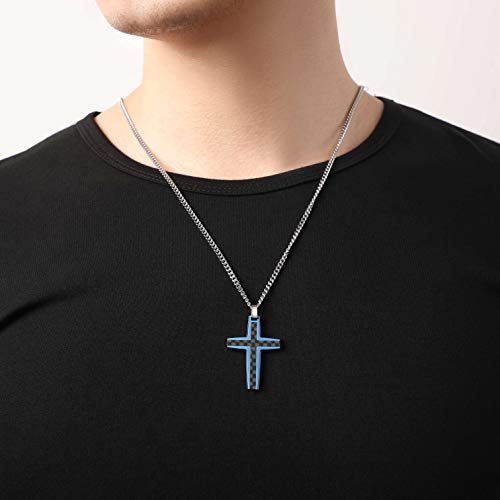 Men's Stainless Steel Cross Necklace,Two-Tone Black & Blue Carbon Fiber Pendant - Included Gift Box - style: Black & Blue XL001