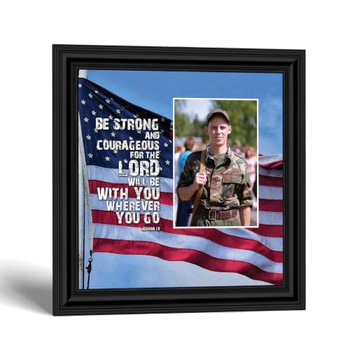 Crossroads Home Décor Be Strong and Courageous, Biblical Military Gift, American Flag Picture Frame, 6341B - color: Black, size: 8"L x 8"W