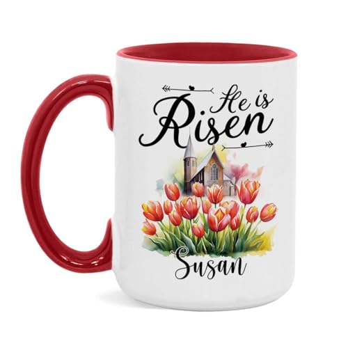 He Is Risen Ceramic Cup, Customized Floral And Church Design Mug, Personalized Easter Bible Verse Coffee Cup, Custom Name Christian Accent Mug 11oz Or 15oz, Gift For Boy And Girl - color: TRI-1223-1155-HE IS RISEN MUG