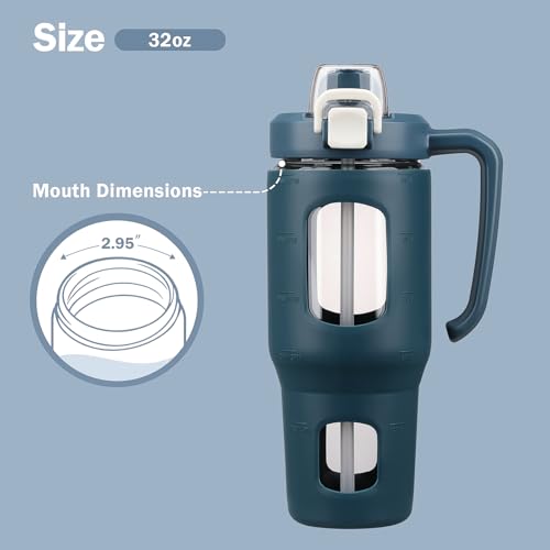 32oz Glass Tumbler with Straw Handle, Reusable Iced Coffee Cup, Navy Blue - color: Navy Blue