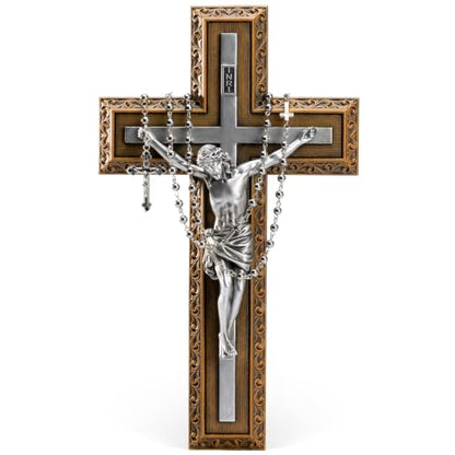 BC Catholic 12"H Crucifix Jesus Wall Cross with Stainless Steel Rosary - size: 12"L x 7.1"W