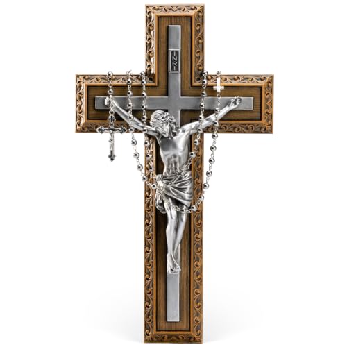 BC Catholic 12"H Crucifix Jesus Wall Cross with Stainless Steel Rosary - size: 12"L x 7.1"W