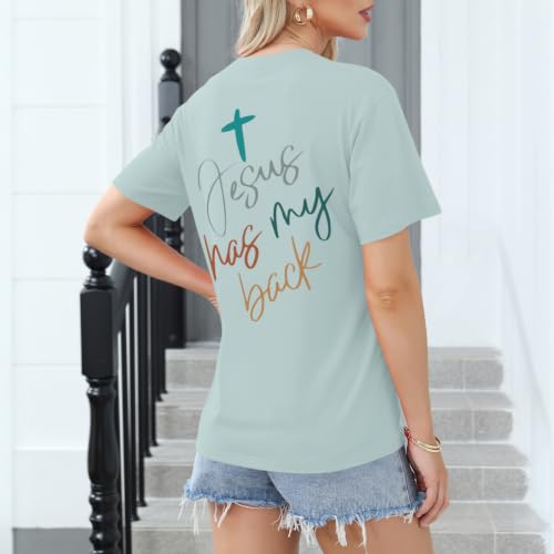 Tuislay Christian Shirts for Women Jesus Has My Back Tshirt God Bible Verse Shirt Faith Cross T Shirts Inspirational Tees Top - color: Sky Blue, size: Small