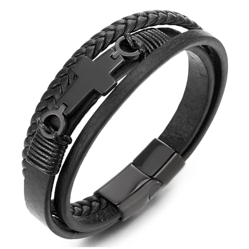 COOLSTEELANDBEYOND Mens Women Steel Horizontal Sideway Lateral Flat Cross Multi-Strand Leather Bangle Bracelet - color: D-Color: Black