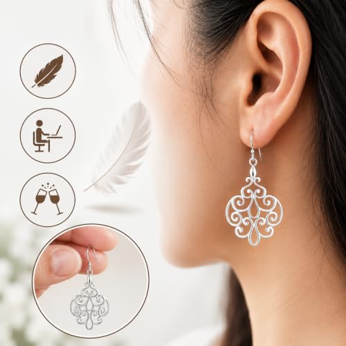 Sterling Silver Plated Dangle Earrings for Women, Oxidized Filigree Boho Vintage Jewelry, Lightweight Drop Earrings, Floral Peacock Angel Wing Leaf Designs, Gift for Women - color: Flower Filigree