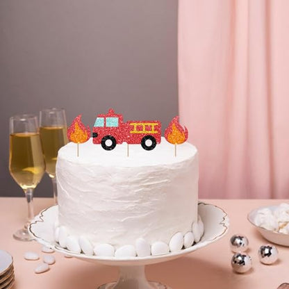 Firetruck Cake Topper, Fire Truck Birthday Cake Decor, Red Glitter Emergency Vehicle Cake Topper for Boy Birthday, Firetruck Themed Baby Shower Party Decoration - style: Firetruck