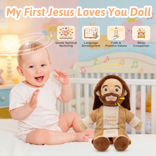 Speaking Jesus Doll - Speaks 36 Bible Verses & 10 Songs, 13” Talking Plush - color: Light Brown