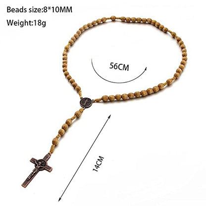 tenghong2021 Wooden Christian Catholic Rosaries Necklace Prayer Beads Holy Cross Catholic Wood for Men Women Pastor - color: Light Brown