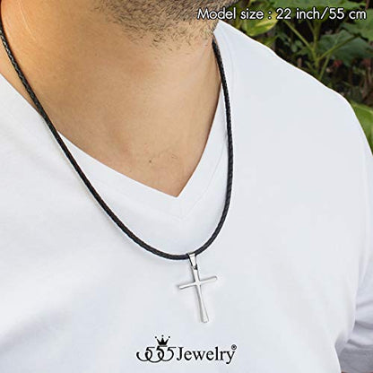 555Jewelry Stainless Steel Cross Braided Rope Cord Necklace For Men Women 18-24'' Inches
