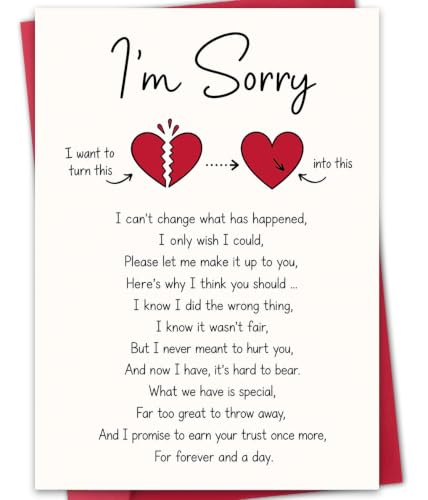I’m Sorry Card, Apology Card for Her Him, Forgiveness Card for Girlfriend Boyfriend Wife Husband, Relationship Sorry Card, Blank Inside, with Red Envelope and Gold Seal Sticker - color: BT-468