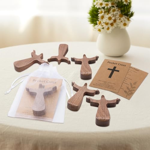EOKPHULL 5Pcs Walnut Wooden Cross, Pocket Prayer Cross Handheld Comfort Crosses, Fingertip Stress Relief and Encouragement Gift with Organza Bags and Cards