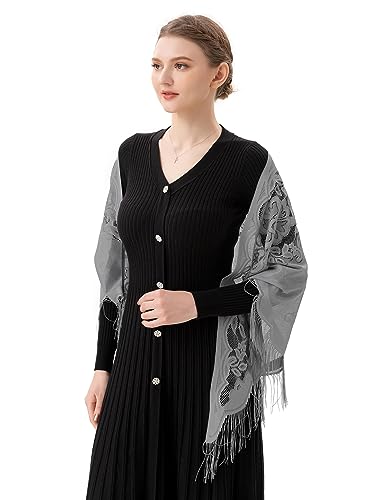 PAMOR Triangle Catholic Church Veil Chapel Veil Scarf Mantilla Veils Wrap Shawl Mass Head Covering with Fringe Trim - color: Gray