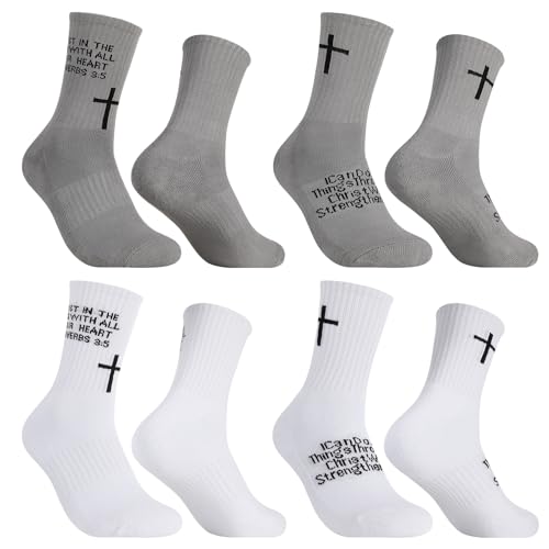 4 Pairs Christian Cross Socks Prayer Religious Socks - color: White, Gray