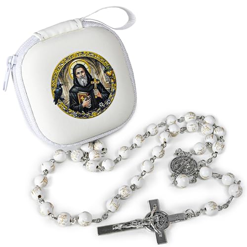 Handmade Rosary Beads for Women, Elegant Catholic Gifts for First Communion, Confirmation & Spiritual Prayer, Unique Beaded Rosary Necklace with Zippered Case - color: White - St.Benedict