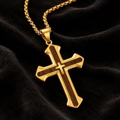 14K Gold Plated Wood Cross Necklace for Men Christian Pendant Jewelry - color: A04-Cross