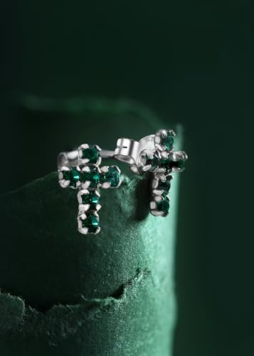 AeraVida Sparkling and Colorful Faith Cubic Zirconia Cross Sterling Silver Stud Earrings | Religious Pierced Jewelry Gift for Women | Christian Daily Wear Earrings - color: Dark Green