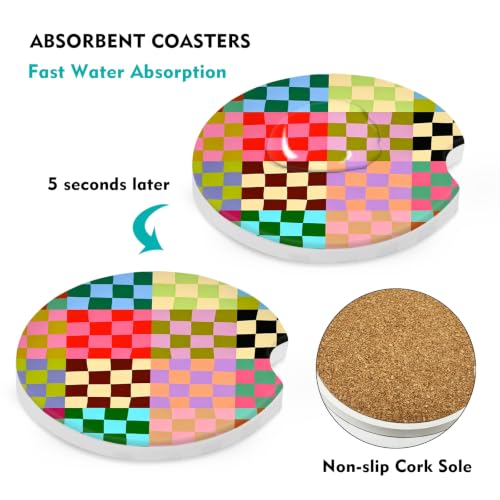 Car Coasters 2 Pack, Small 2.56" Stone Car Interior Cupholder Absorbent Coaster with Cork Back for Women Men Coffee Drink Cup Coasters (Colorful Checkered) - color: Colorful Checkered