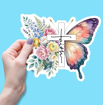 (3PCS) Faith Butterly Flowers Sticker, Christian Faith God Bible Verse Jesus Books Water Bottles Laptops Phone Tumbler Cup Kindle 3x3 Inch